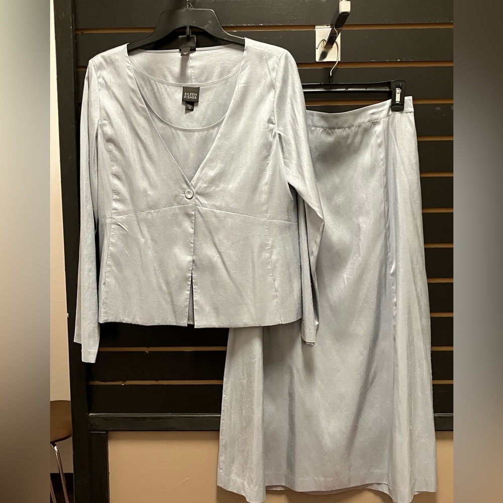 Eileen Fisher 3 Pc 100% Silk Light Blue Jacket Tank Skirt Set XS
